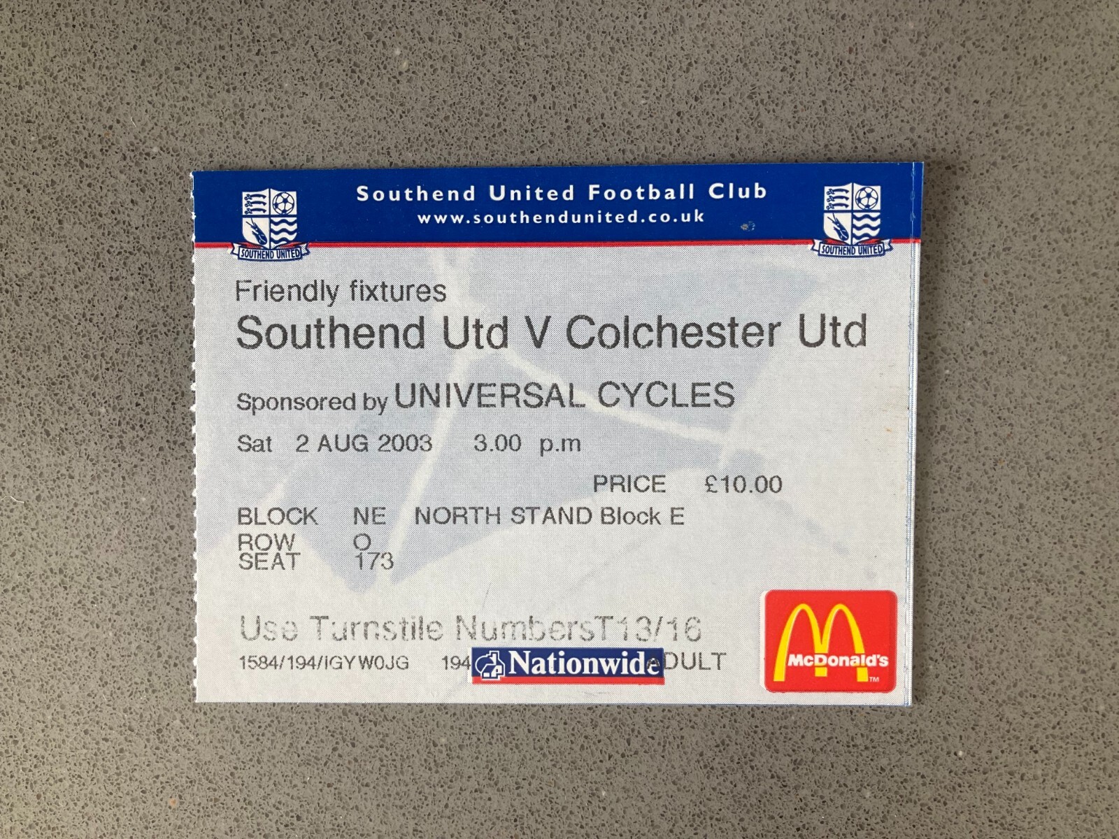 Southend United v Colchester United 2003-04 Match Ticket