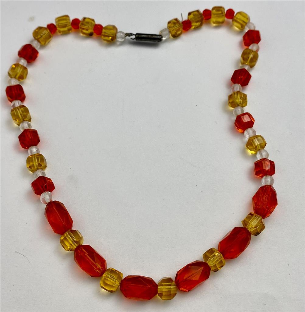 Vintage Orange, Amber & Clear Glass Bead Necklace 15" Long for Redesign