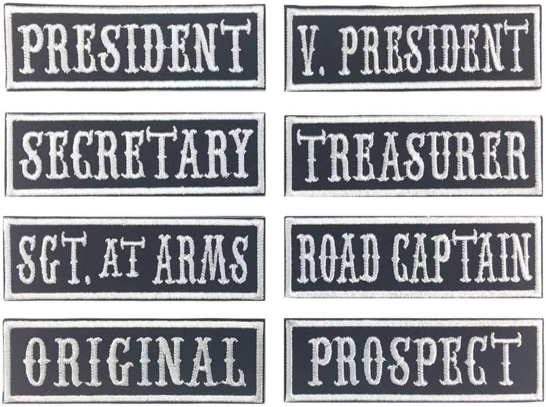8pcs Motorcycle Club Officer Rank Patch Set 4x1" MC RC Vest Jacket Iron On White