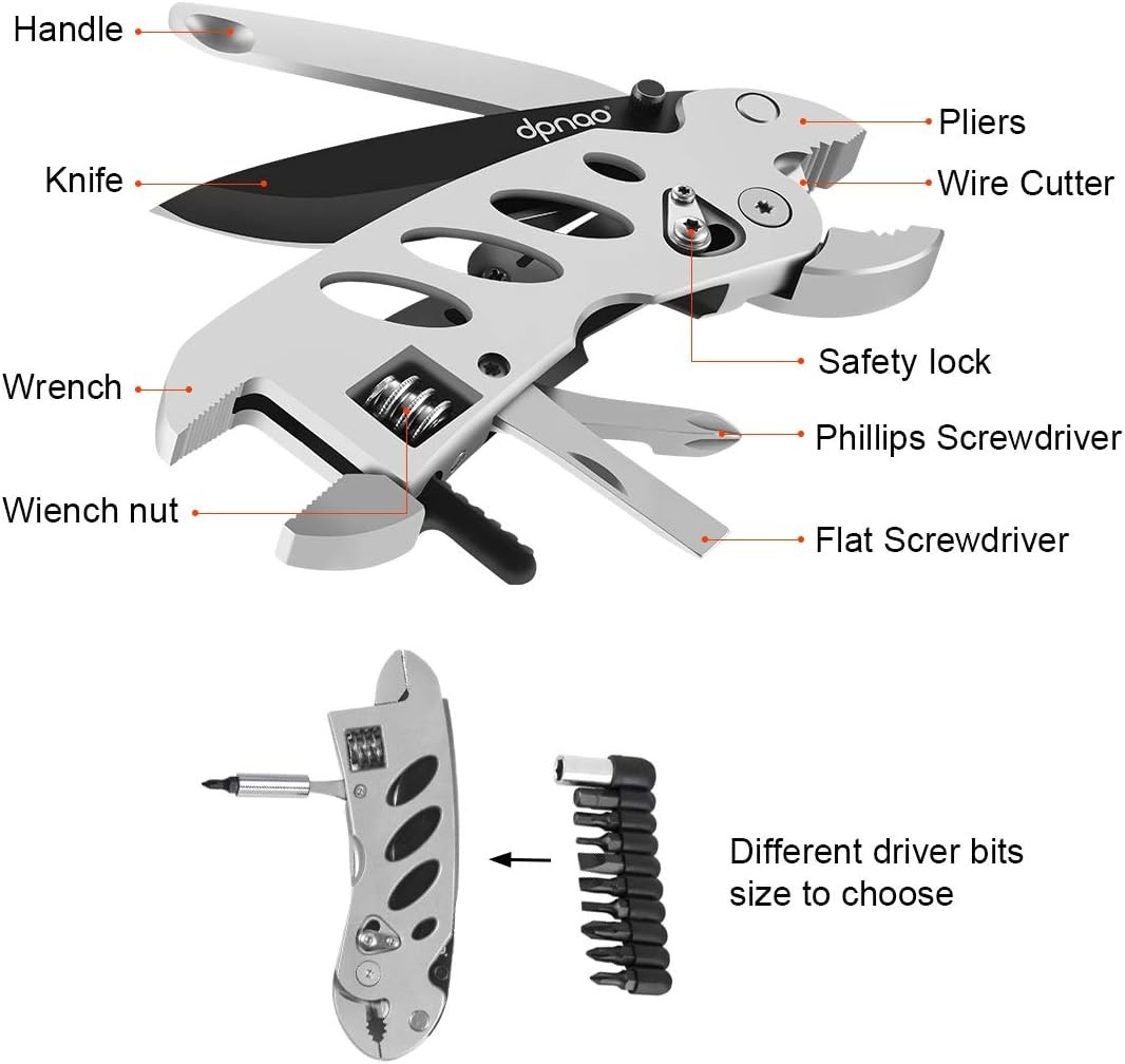 Multitool Wrench With 7 Tools/Pliers/Wire Cutter/Flat Silver