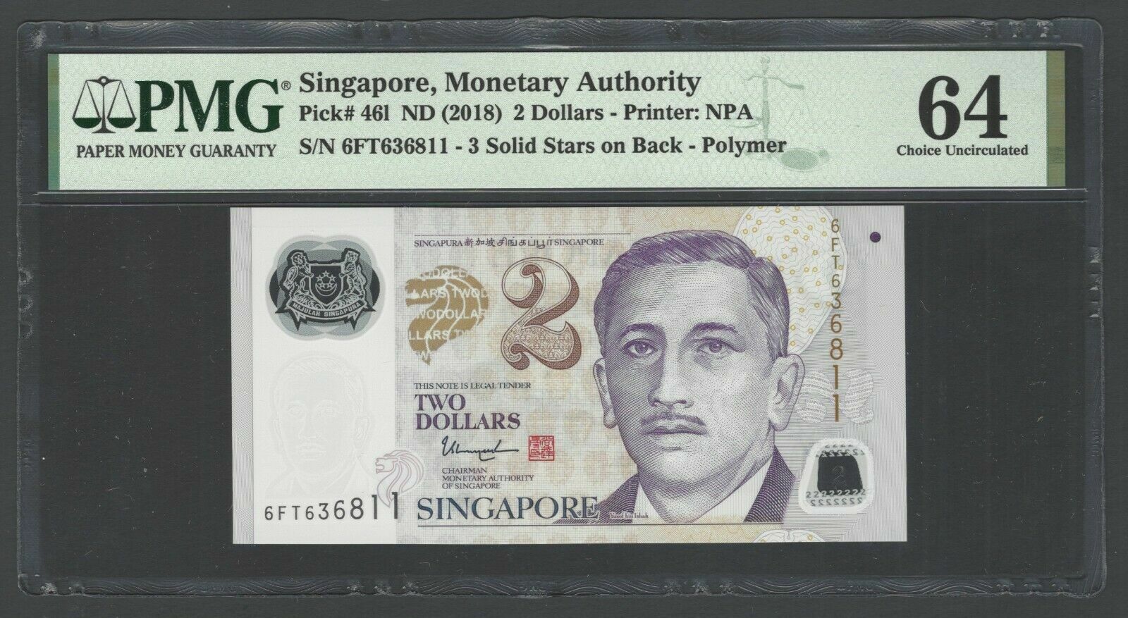 Singapore 2 Dollars ND(2018) P46l Uncirculated Grade 64