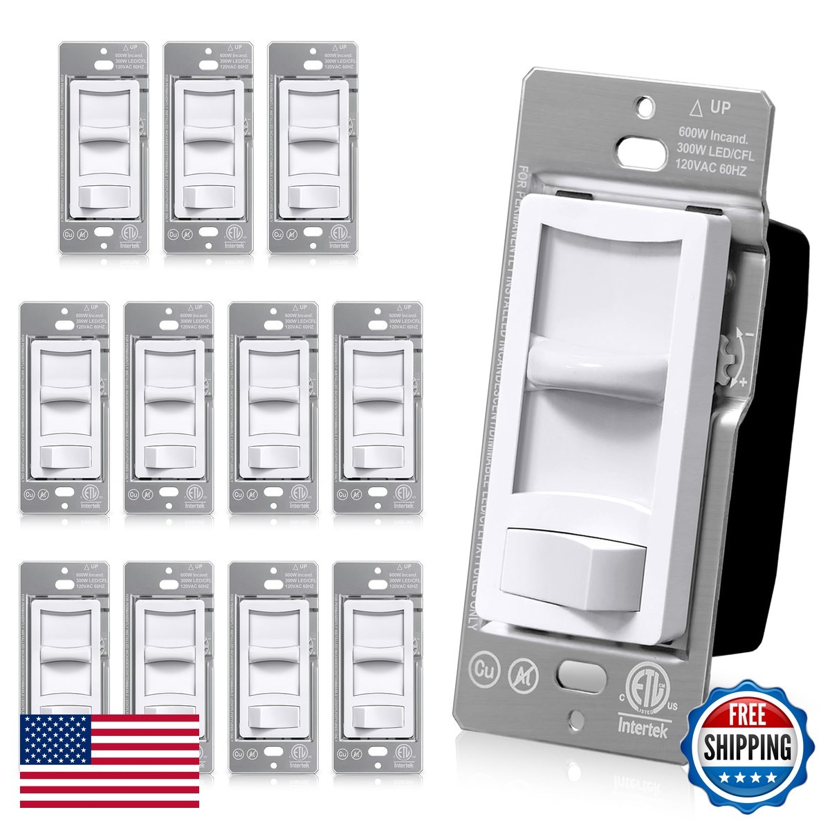 BESTTEN 12-Pack Quiet Dimmer Switch, Single Pole or 3-Way, White