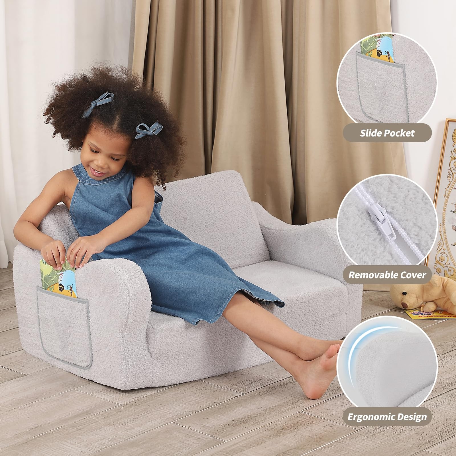Extra Wide Toddler Chair, 2-in-1 Toddler Couch Fold Out, Convertible Sherpa S...