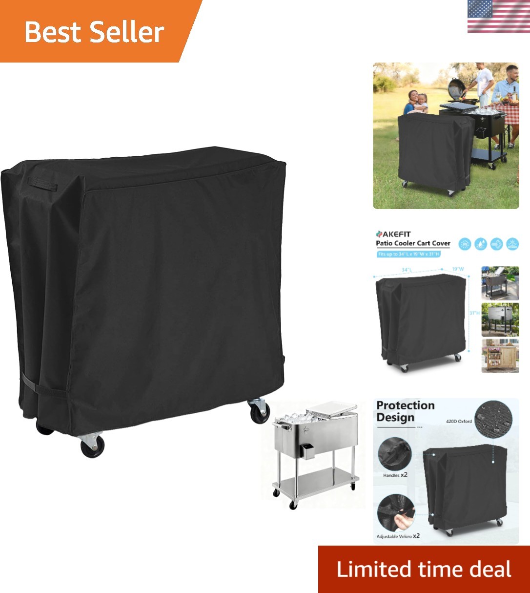 Patio Cooler Cart Cover,Waterproof Ice Chest Cart Cover Fits 65-80 Quart Pati...