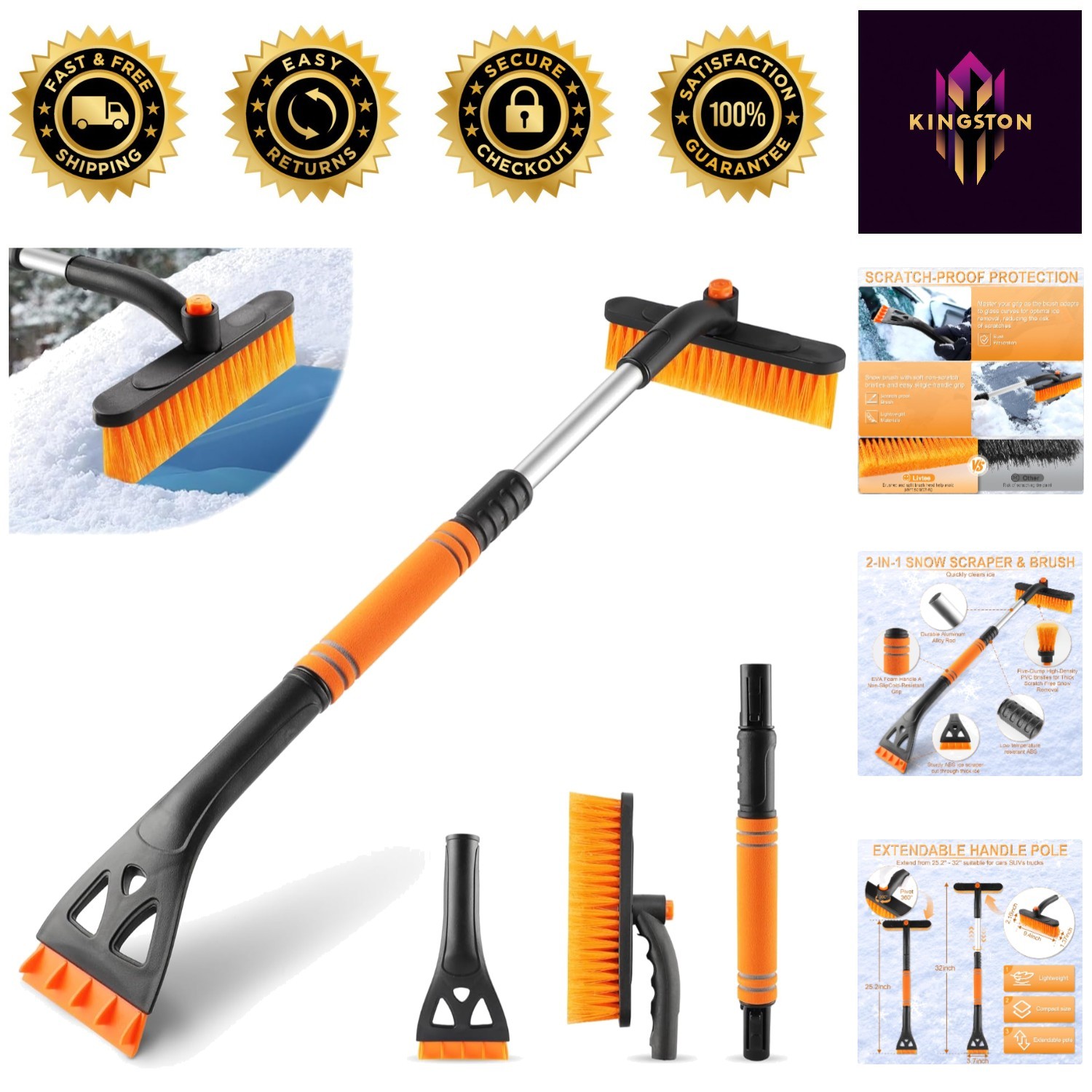 3-in-1 32" Ice Scraper & Snow Brush with Non-Slip Handle for Ultimate Comfort