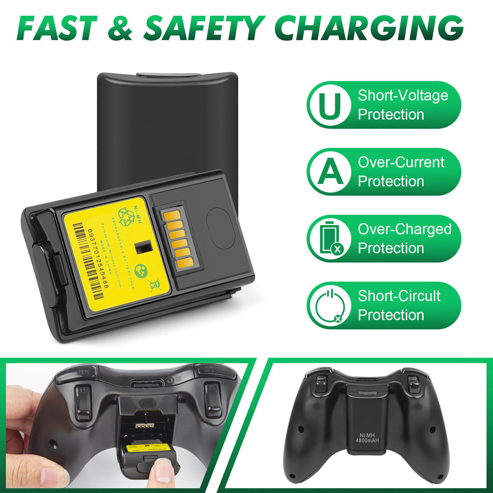 2 Battery Pack & Charger Dock For Microsoft Xbox 360 Wireless Controller Black