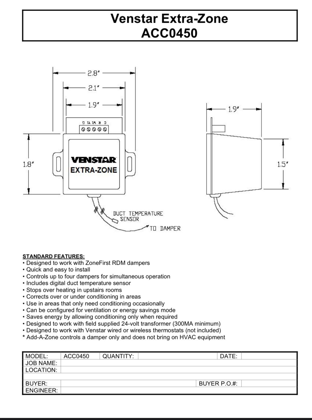 Venstar Extra-Zone ACC0450 HVAC Zone Control Module w/ Digital Temp Sensor