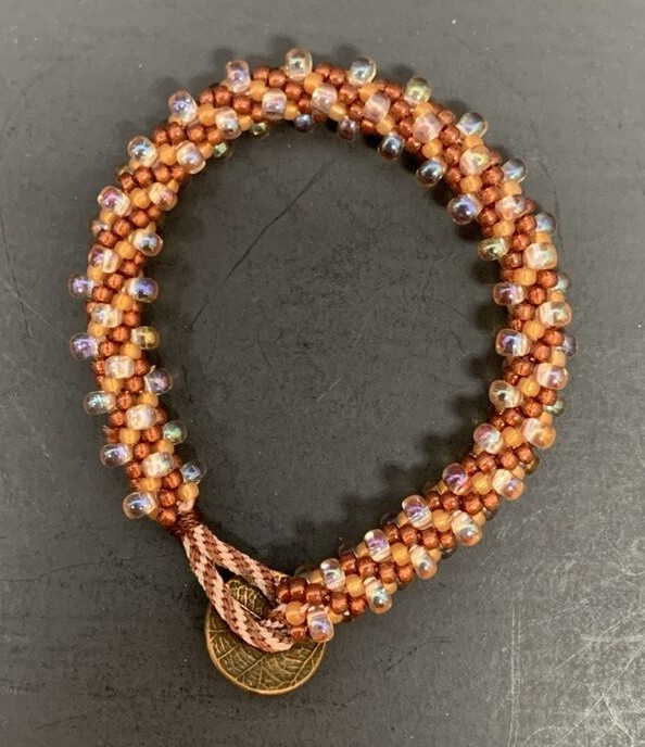 Handmade 8.5" Beaded Bracelet W/Copper Leaf Circle Button Enclosure 18.22G
