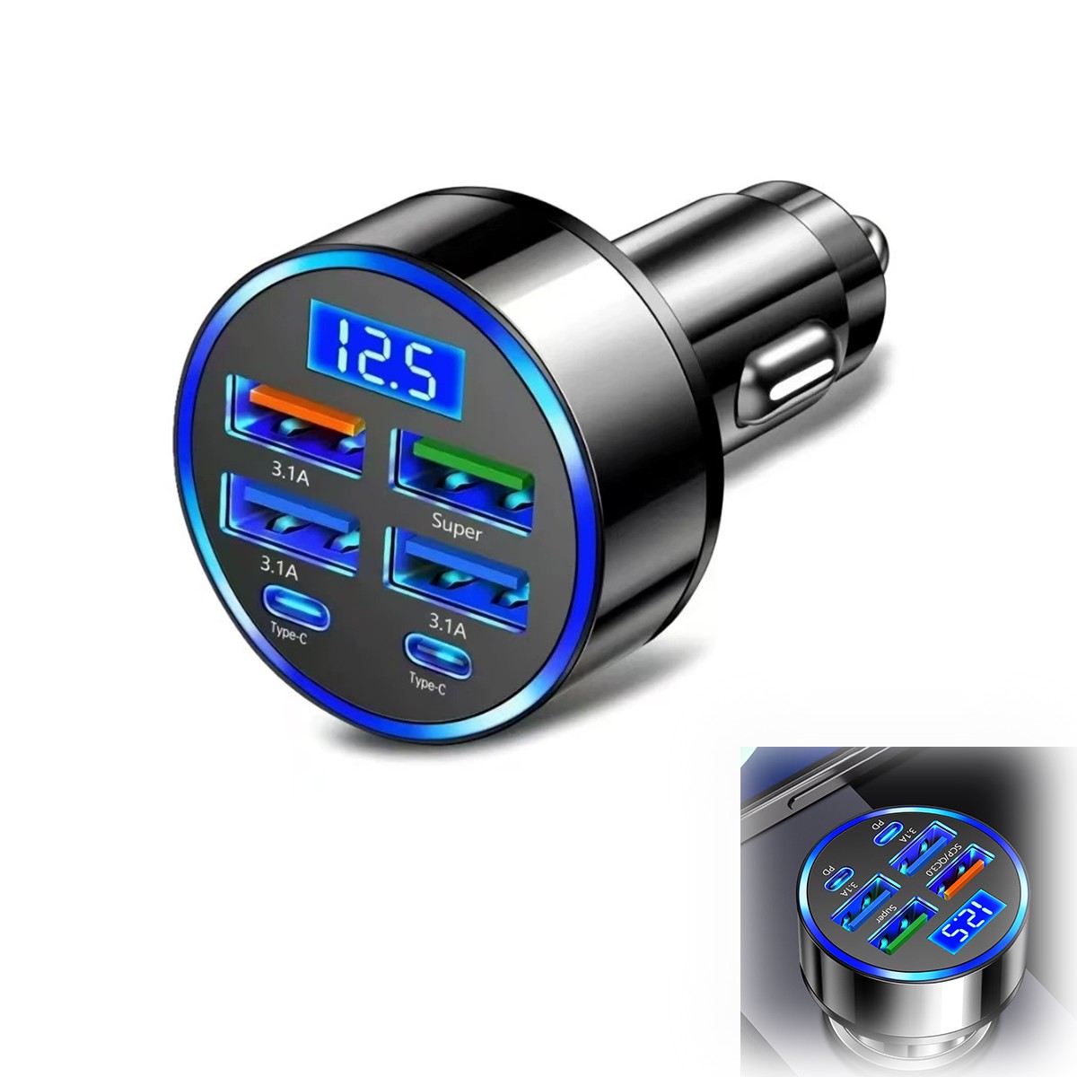 6-in-1 Multi-Port Adapter Car Charger with Display USB 3.0/3.1A Fast Charging US