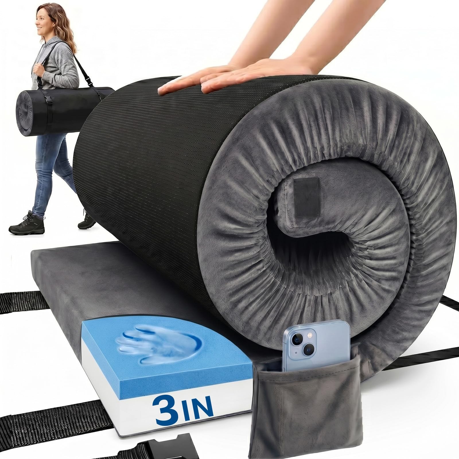 Camping Mattress Pad, 3 Inch Memory Foam Camping Mattress with Non-Slip Botto...