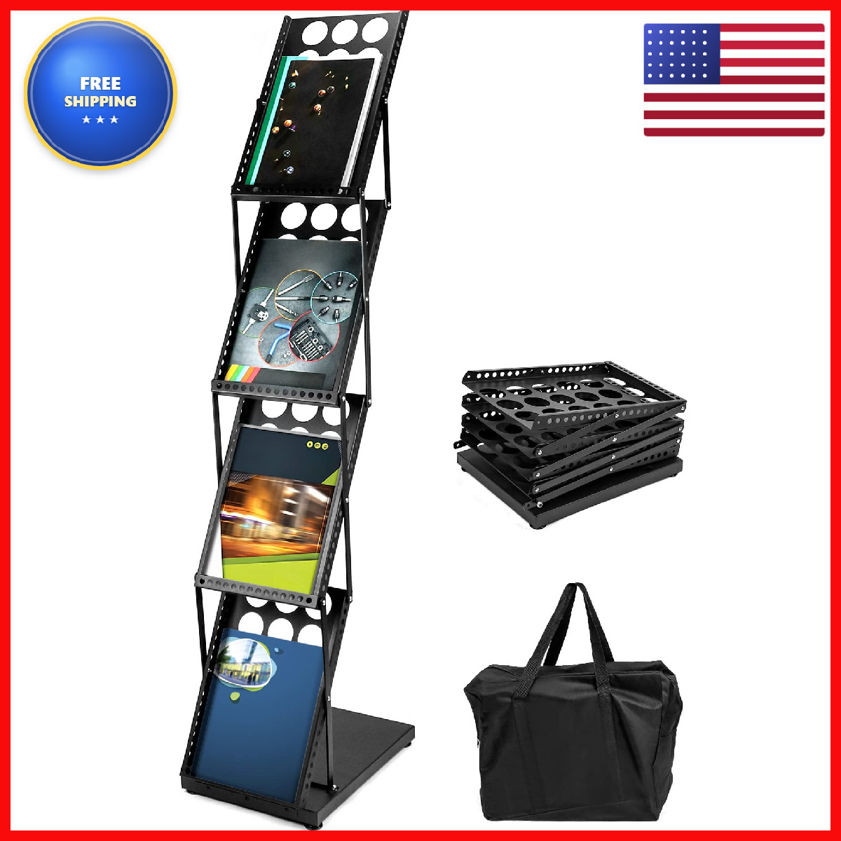 Qwork Magazine Brochure Display Rack Stand 4 Pocket Foldable Literature Catalog