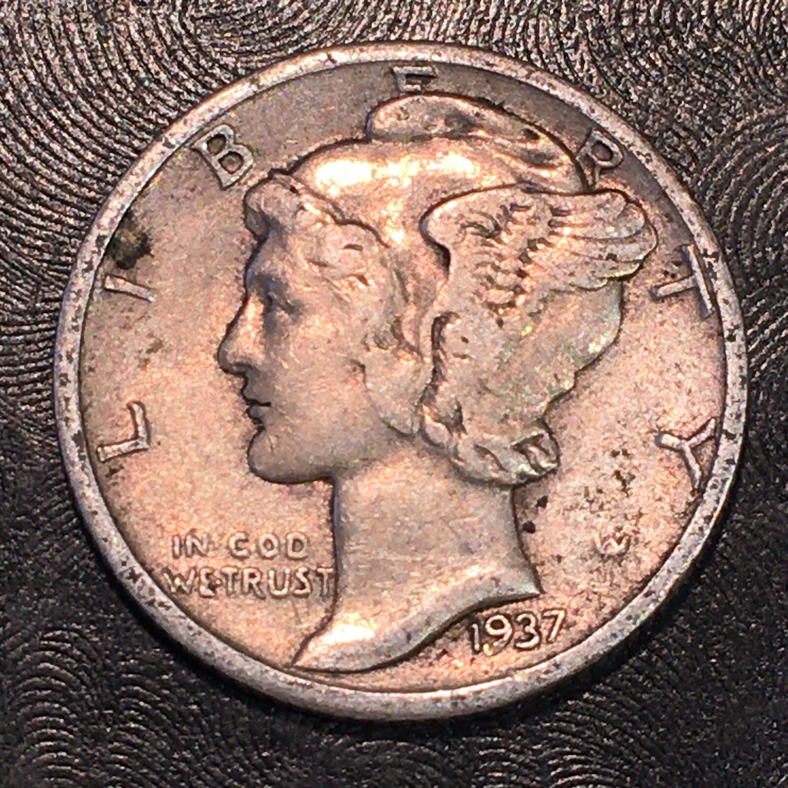 1937 Silver Mercury Dime Original Old Toning - High Quality Scans #P035