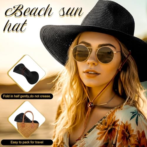 Women Straw Sun Panama Hats for Women Sun Wide Brim Straw Hat Fedora Black