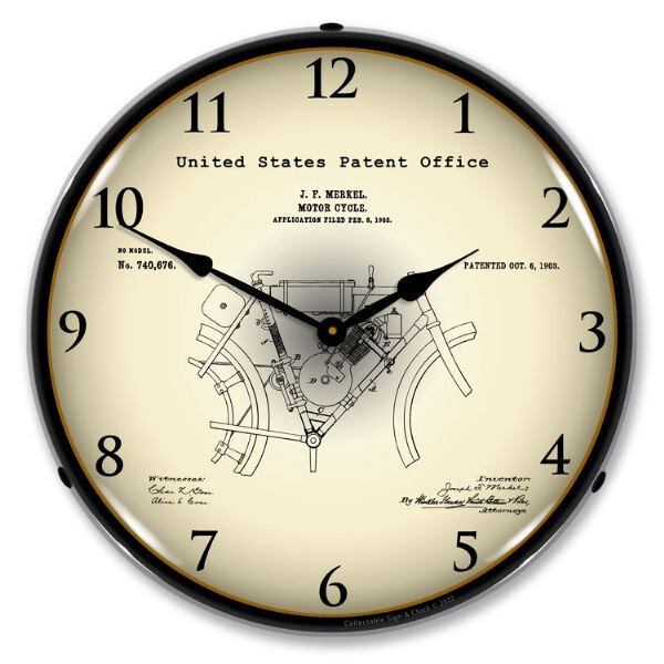 1902 Merkel Motorcycle Patent, Lighted Backlit LED Wall Clock Free Shipping