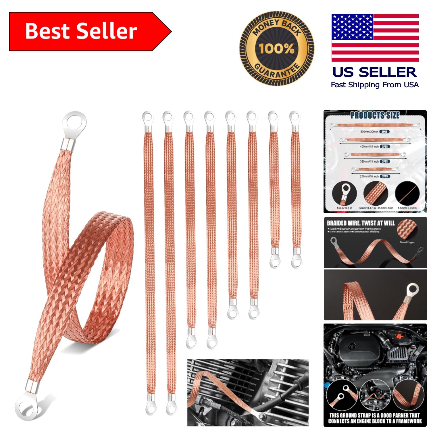 Versatile Copper Ground Strap Kit - 8 Durable Straps for Any Vehicle Application