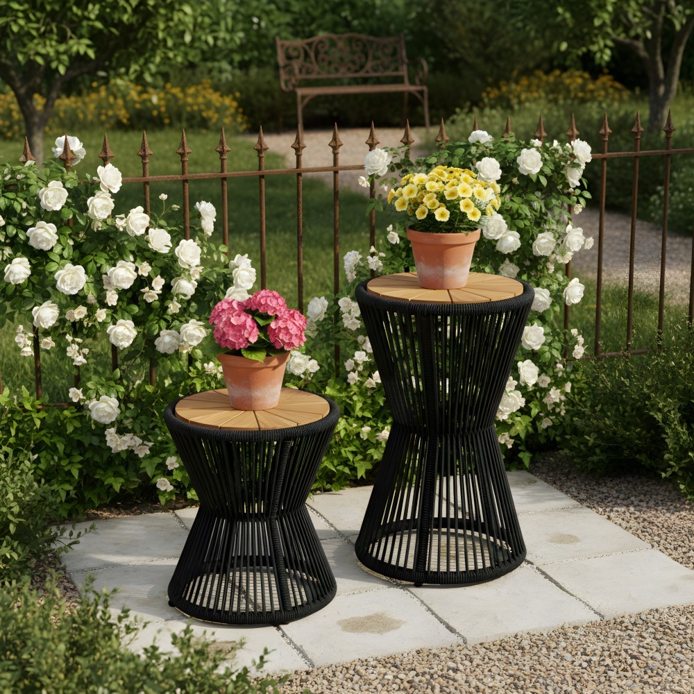 Scott Living Nara Black Outdoor Side Table Acacia Wood & Woven Rope, Set of 2