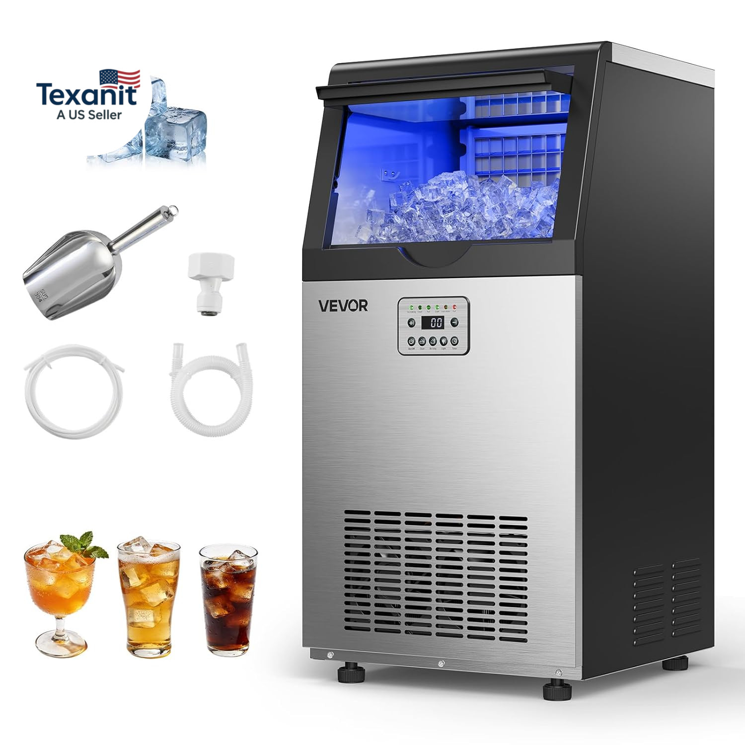 Commercial Ice Maker Machine, 100 Lbs/24H with 30 Lbs Storage Capacity, Built-In
