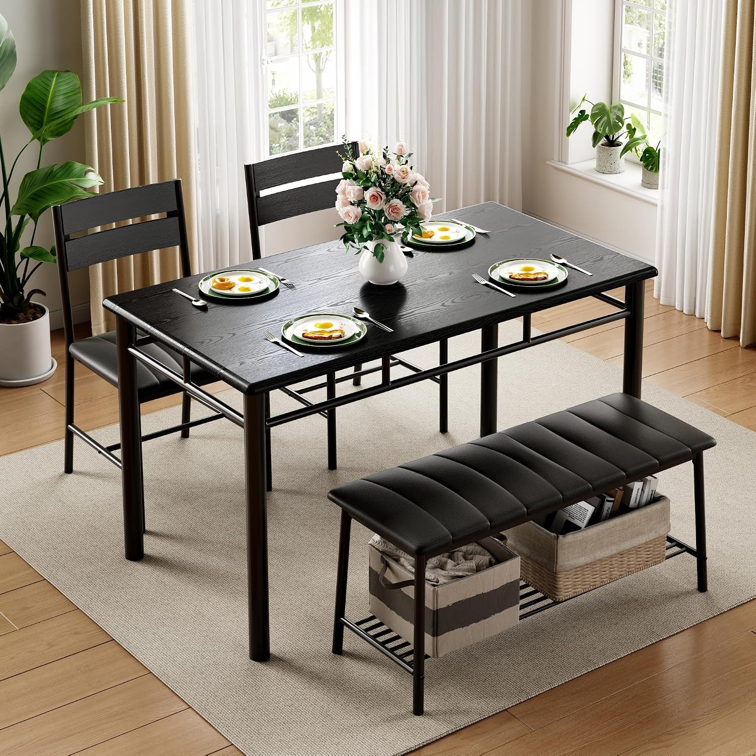Dining Table Set for 4, Kitchen Table with Upholstered Bench and 2 Chairs,