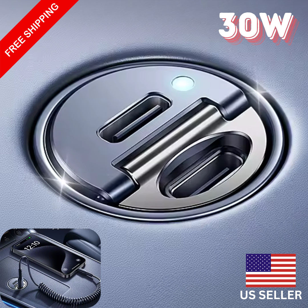 30W Car Charger USB-C Dual Port PD QC Fast Charging Mini Pull Ring Adapter
