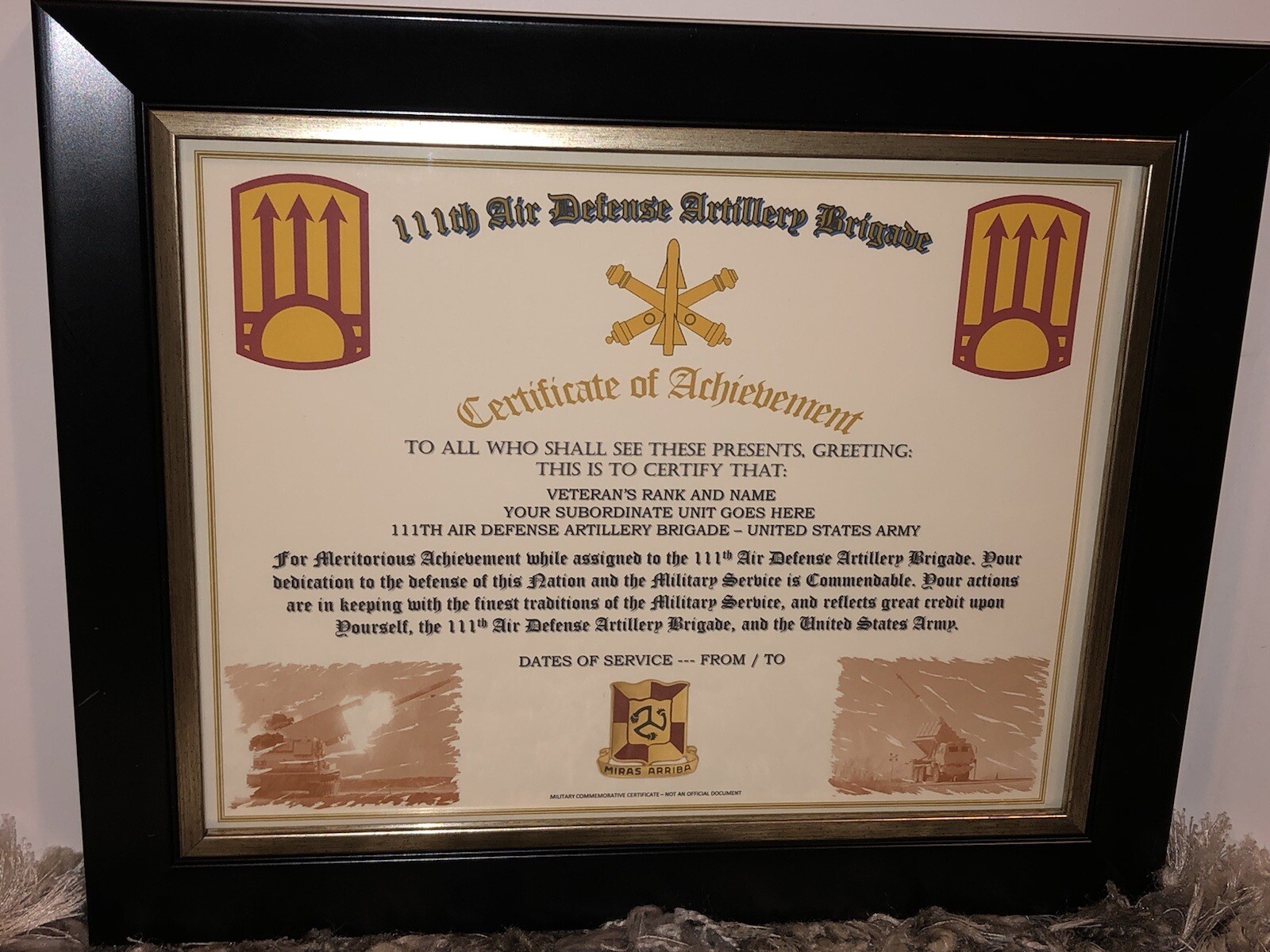 111TH AIR DEFENSE ARTILLERY BRIGADE - COA / (COMMEMORATIVE CERTIFICATE)