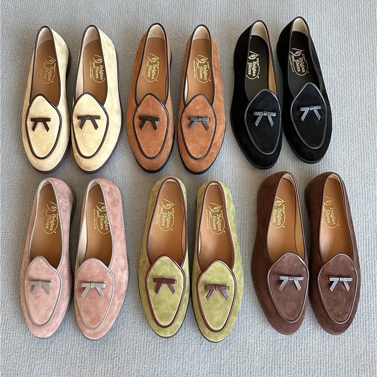 Women's Belgian Leather Velvet Bow Leather Bean Shoes Belgian Shoe