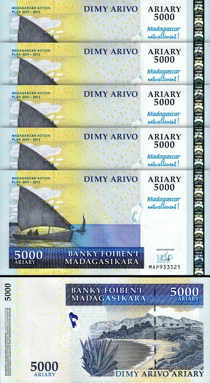 Madagascar 5000 Ariary 2007 - 2012, UNC, 5 Pcs LOT, P-94, COMM, NATURELLEMENT