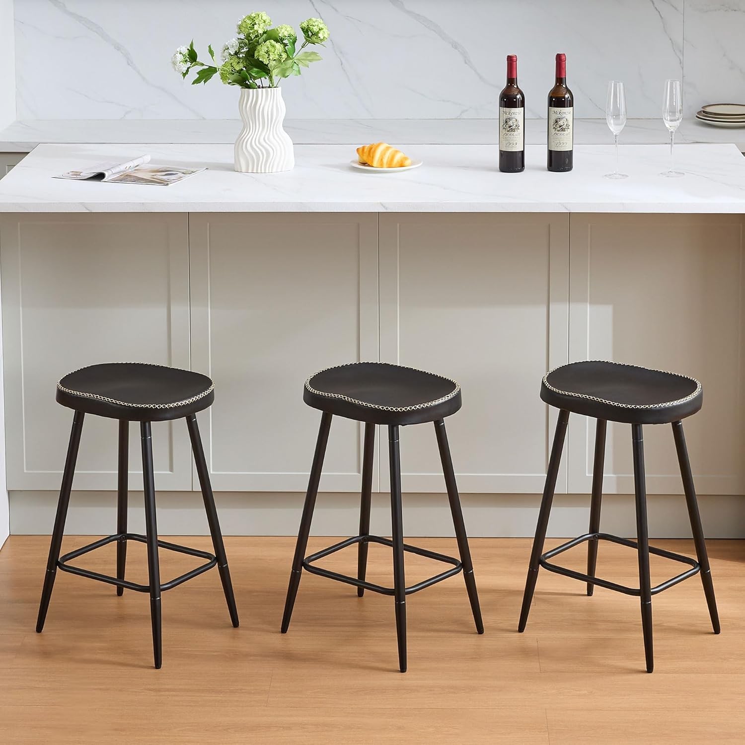 Counter Stools Set of 3, Modern 24 inch Counter Height Stools,Black Faux Leather
