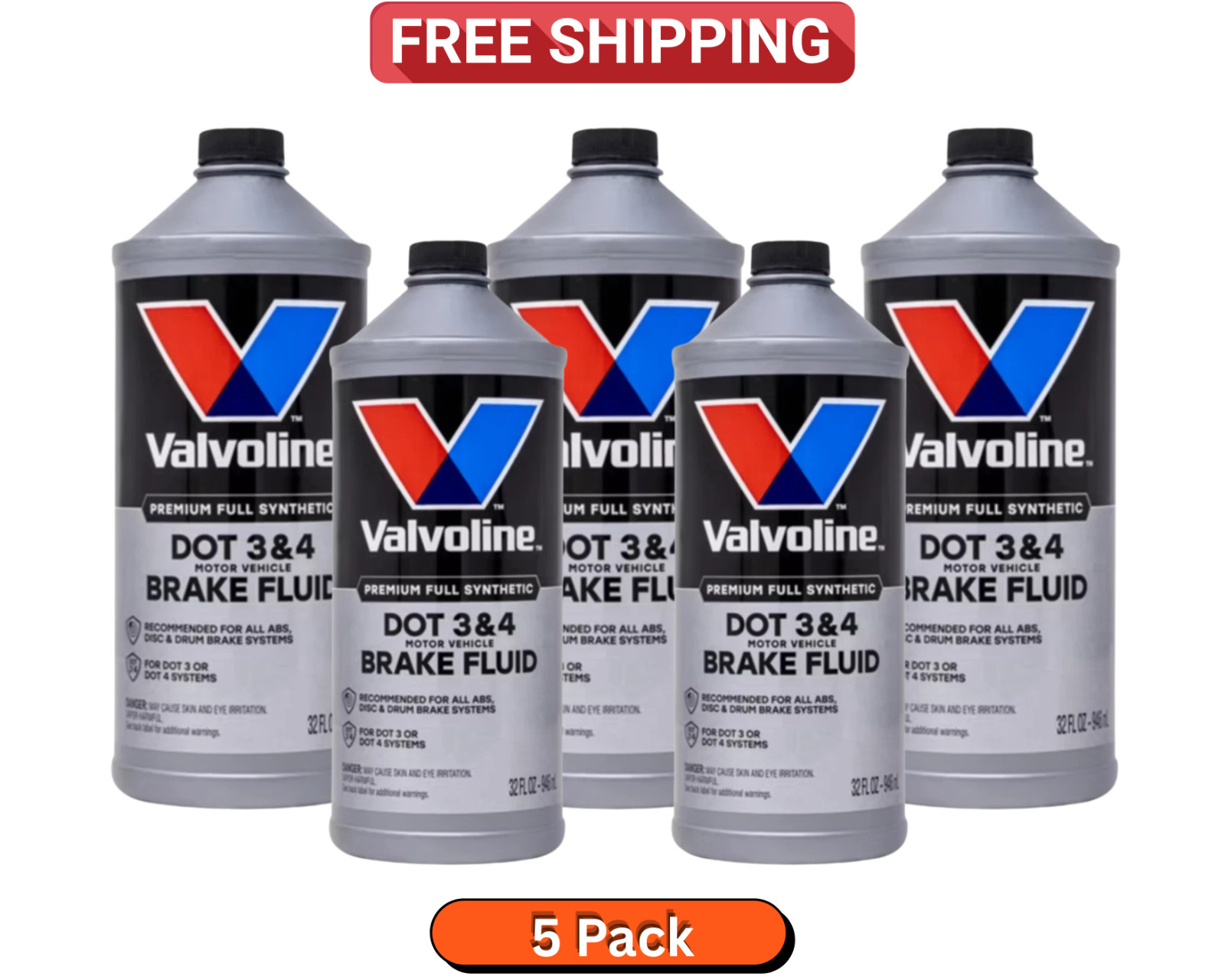 5 Pack  Bundle Valvoline DOT 3 & 4 Synthetic Brake Fluid with High Boiling Point