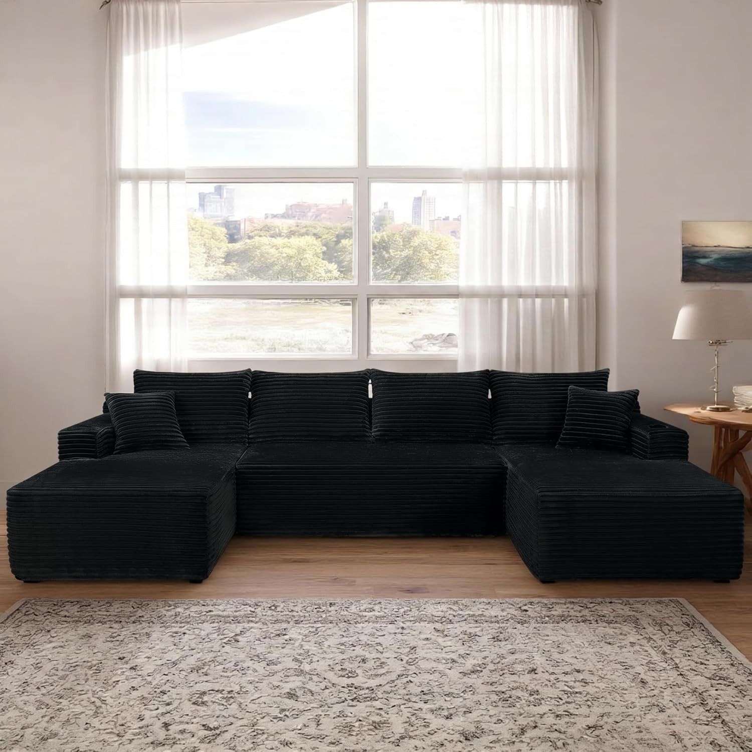 134" U-Shaped Modular Sofa with Cup Holders & Pockets - No Assembly, Black