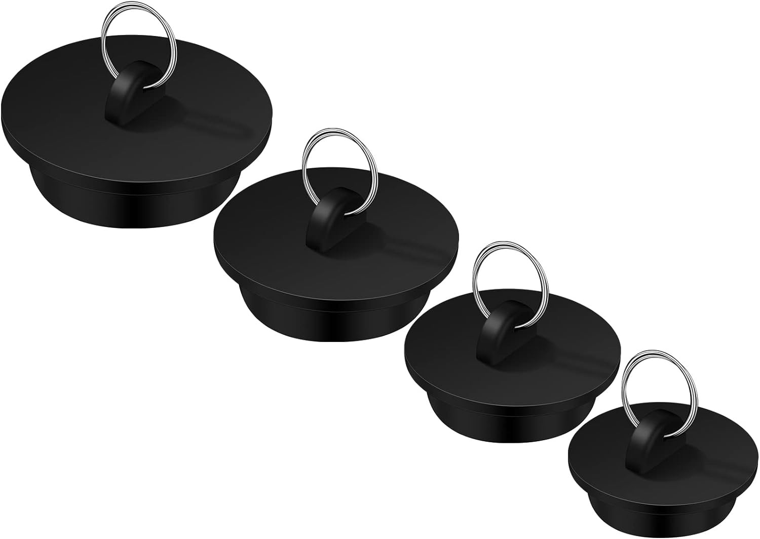 4 Pieces Tub Stopper Set Rubber 1-1/8, 1-3/8,1-5/8, 1-7/8'', Black