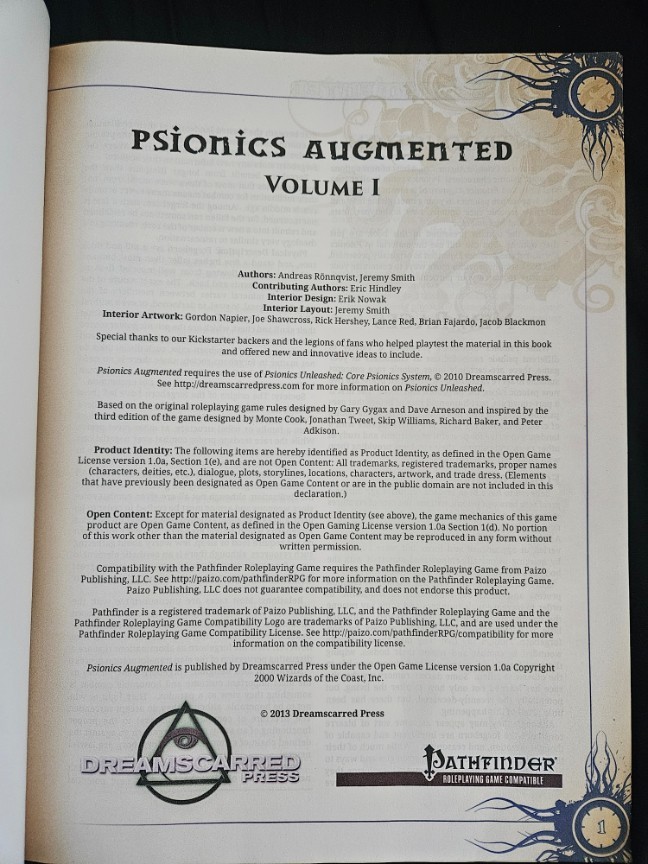 Pathfinder Dreamscarred Psionics Augmented - Volume #1