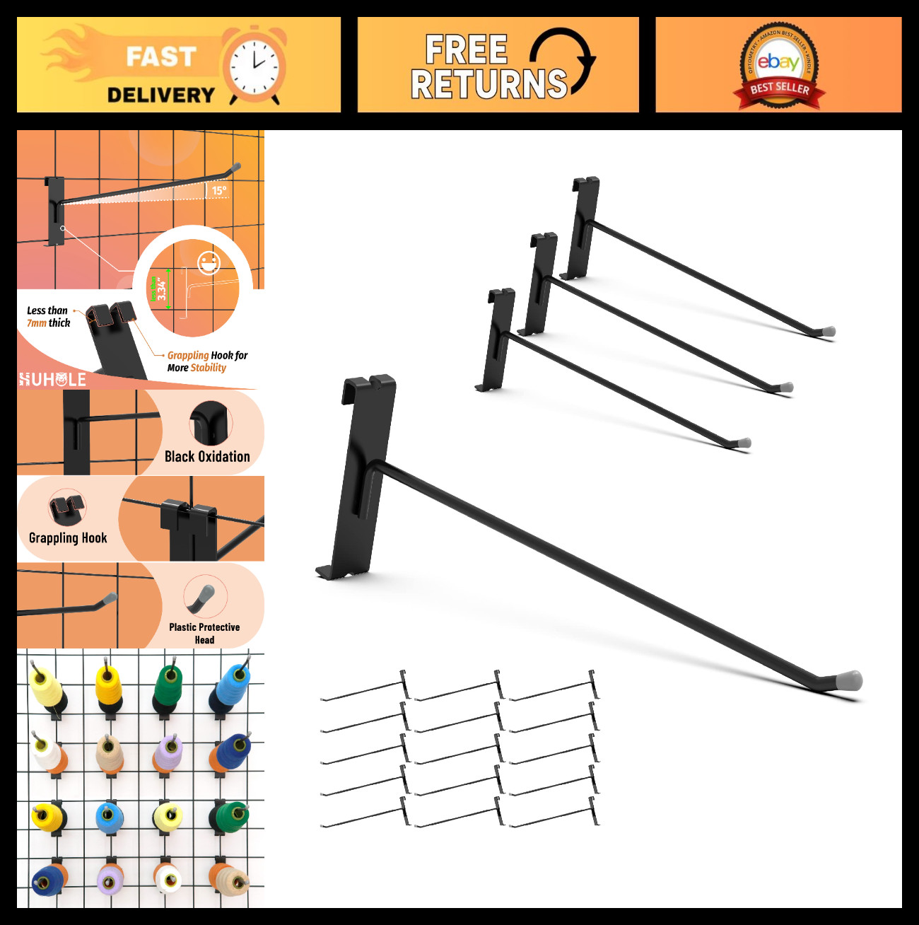 32 Pack 12" Black Gridwall Hooks - 30 lb Capacity Metal Display Hangers for Reta