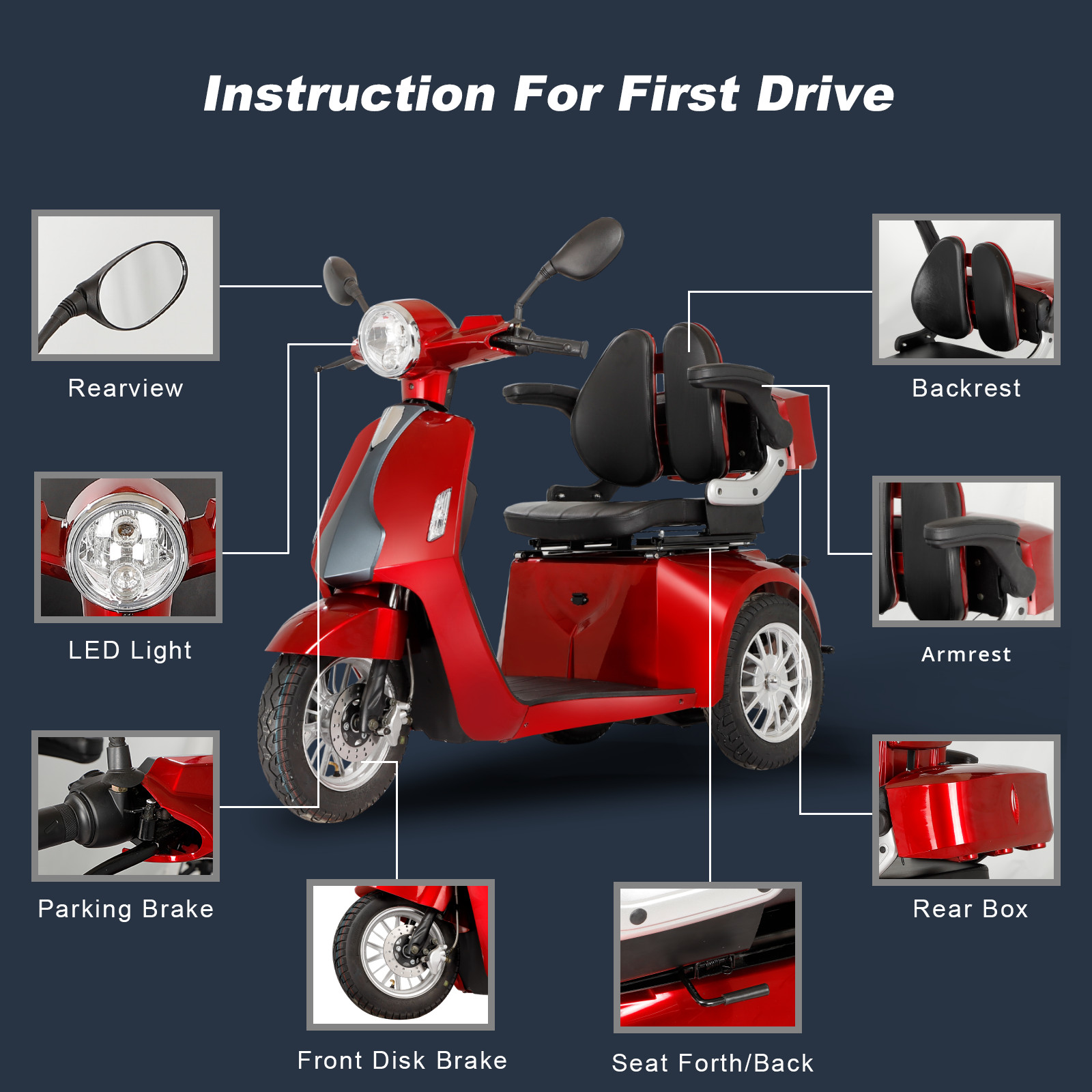 800W 60V20Ah 3-Wheel Travel Electric Mobility Scooter 3-Speed for Seniors 350LBS