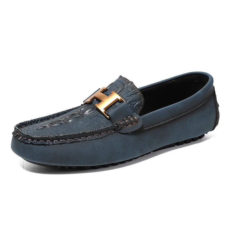 Classic Blue Men Loafers Leather Casual Shoes Driving Slip on Moccasins Footwear