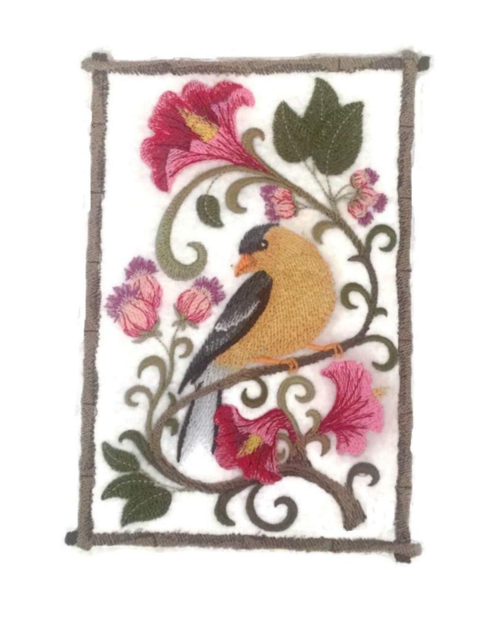 Beautiful Goldfinch Bird in Flowers Custom Embroidered Iron on/Sew Patch (7.8" x