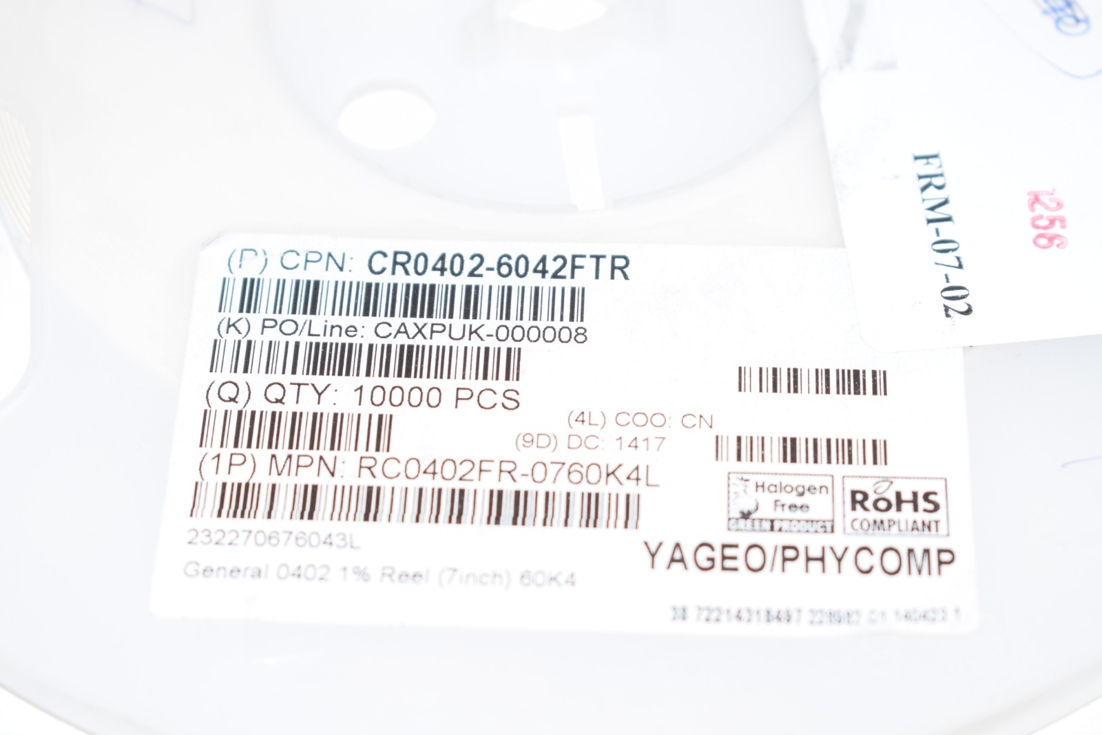 Reel of 8187 NEW Yageo RC0402FR-0760K4L 60.4 kOhms ±1% 0.063W, 1/16W Chip Resist
