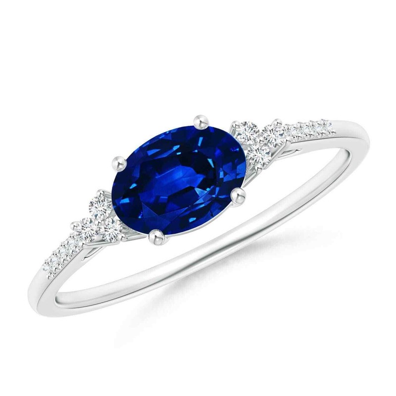 7x5MM Oval Blue Sapphire Solitaire Ring with Trio Accents 925 Sterling Silver