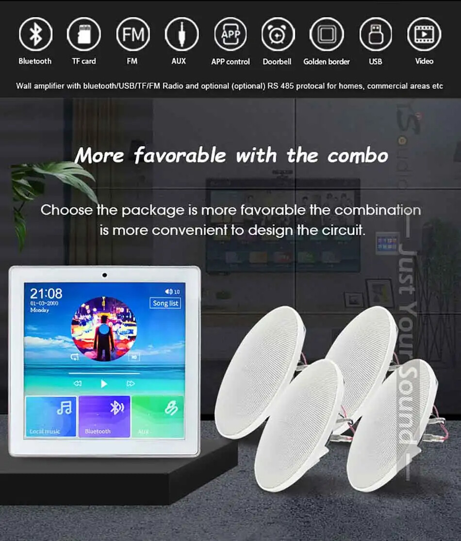 Bluetooth Wall Amplifier Music Panel Home Theater Sound System +Ceiling Speakers