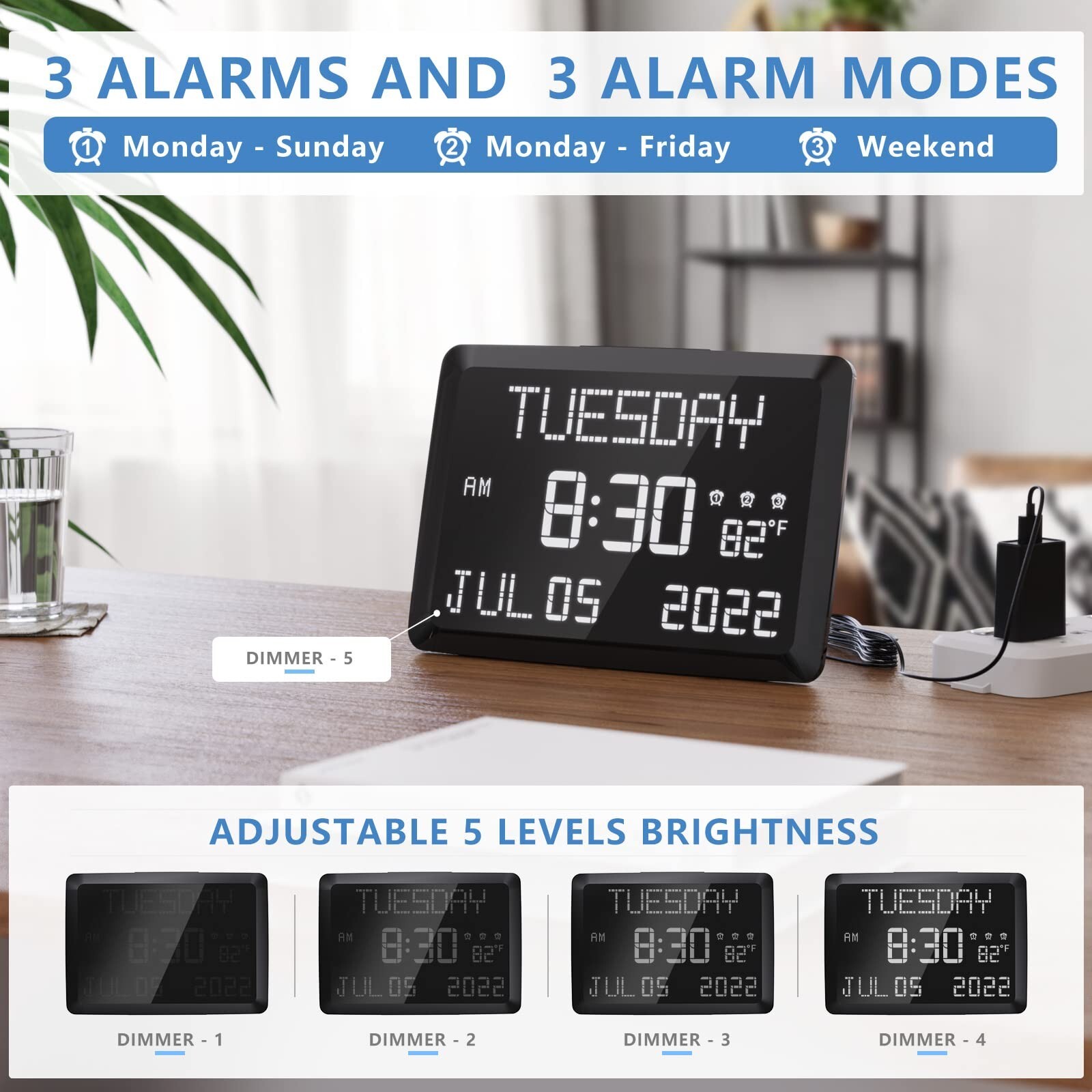 Raynic Digital Clock, 11.5" Large Display Digital Wall Clock,Adjustable Brigh...
