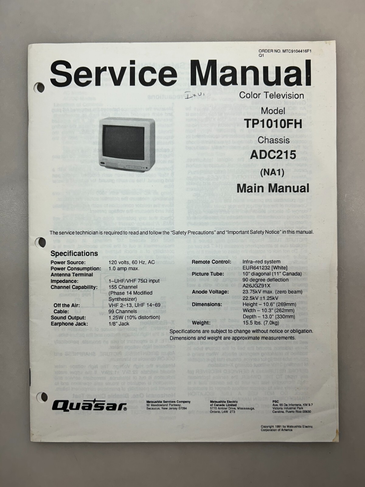 Quasar TP1010FH Original Service Manual Free Shipping