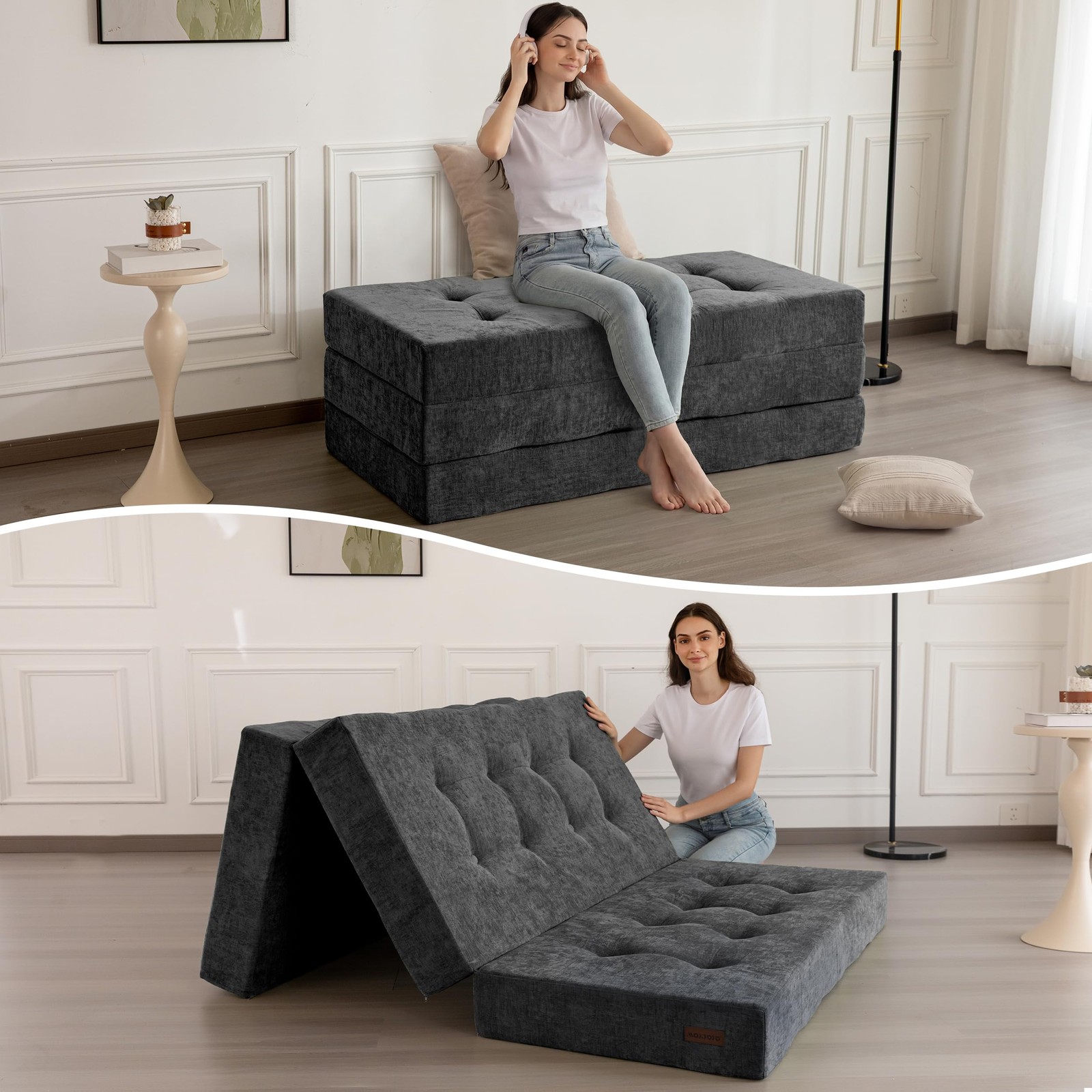 6" Folding Sofa Bed for Floor, Tufted Tri-Fold Floor Mattress with Chenille F...