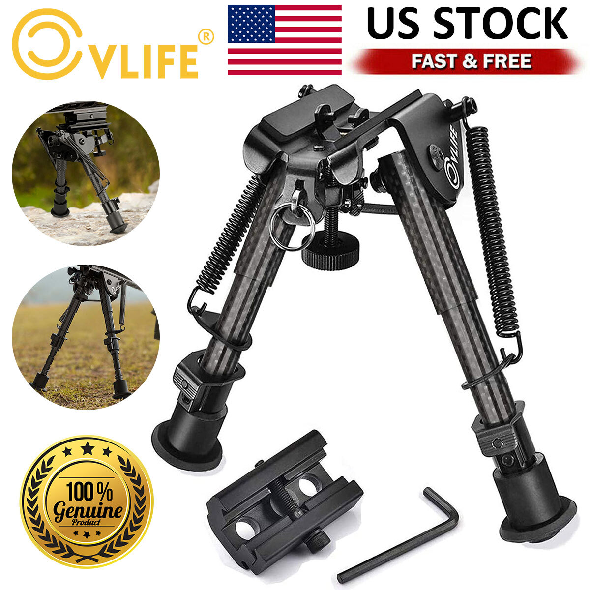 US 6-9" Adjustable Rifle Bipod Carbon Fiber Compatible With Picatinny Rail Mount
