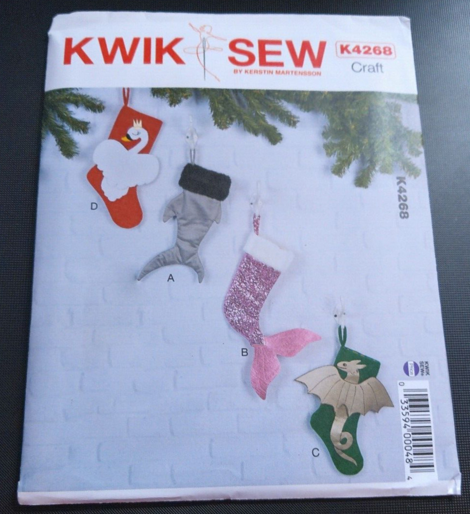 Kwik Sew Pattern K4268 ~ Christmas Stockings:  Shark~Mermaid~Dragon & Swan