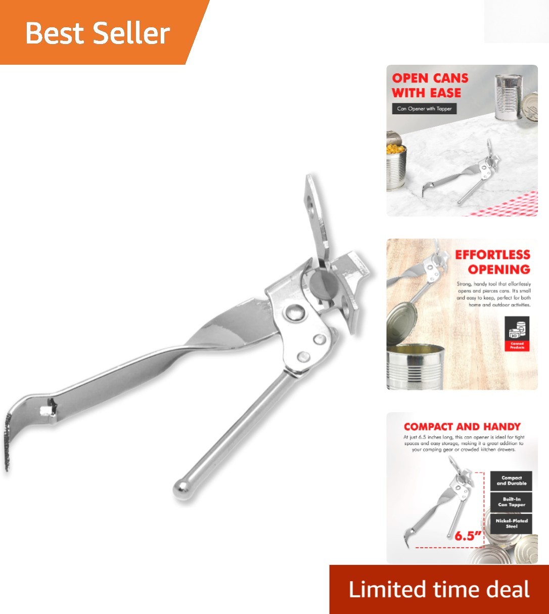 Simple & Durable 6.5 Inch Can Opener with Tapper - Easy Cleanup Included