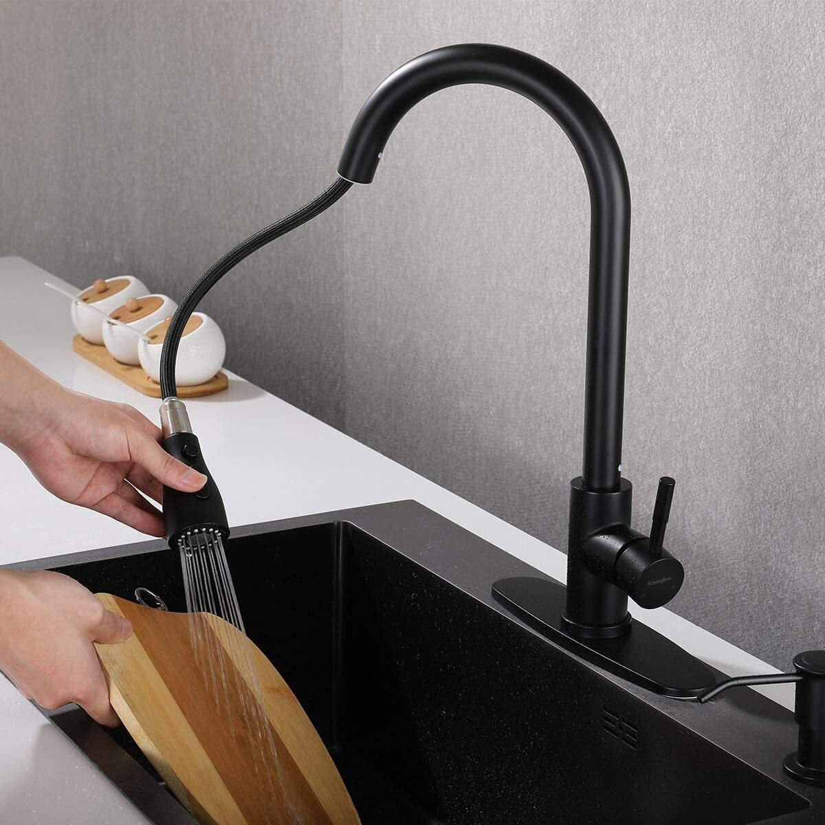 Pull Down Sprayer Kitchen Faucet with 10''Deck Plate &Soap Dispenser Matte Black