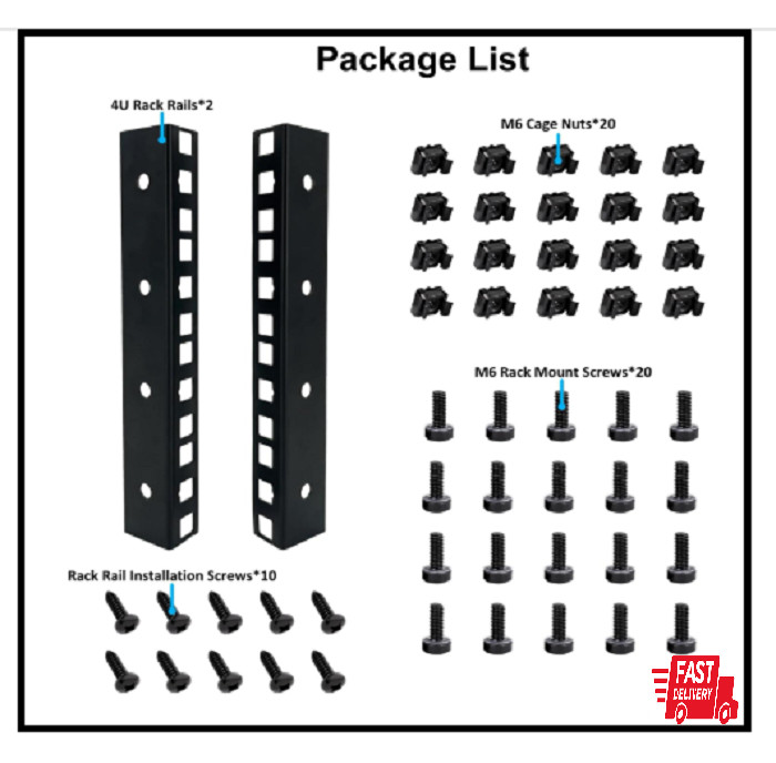 4U Rack Rails with M6 Rack Mount Screws and Cage Nuts Set for DIY Server