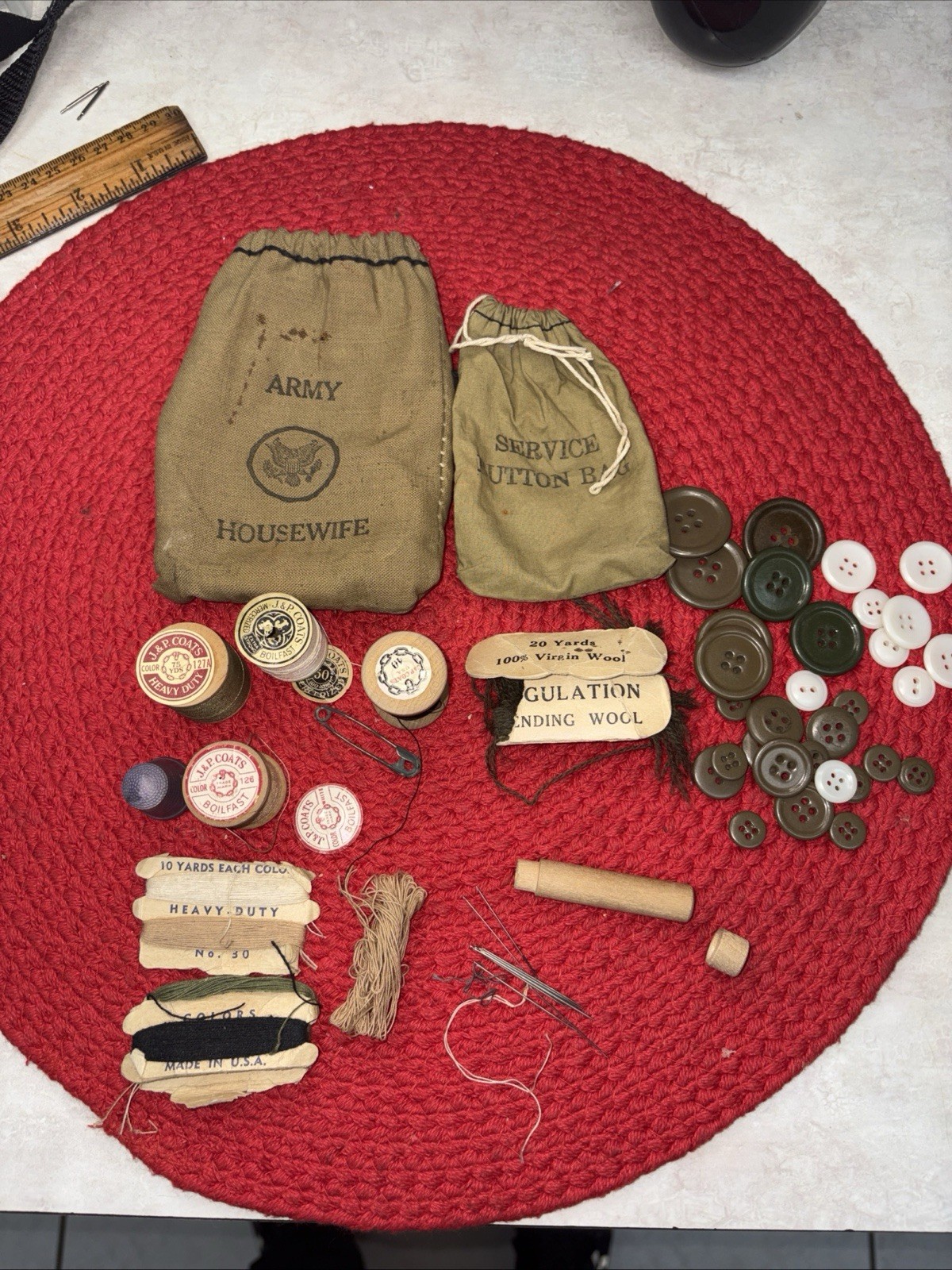 Vintage US Army Issue Sewing Kit WWII Military Bag Thread buttons thimble