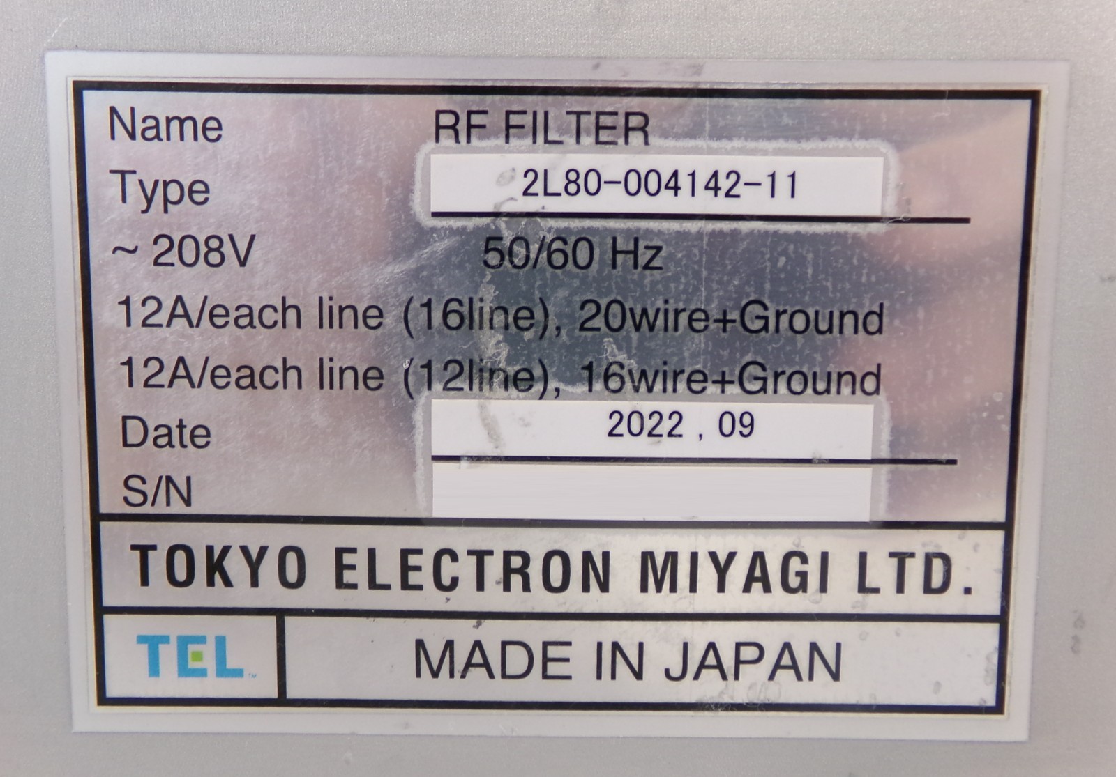 TEL Tokyo Electron 2L80-004142-11 RF Filter Assembly Untested Spare Surplus