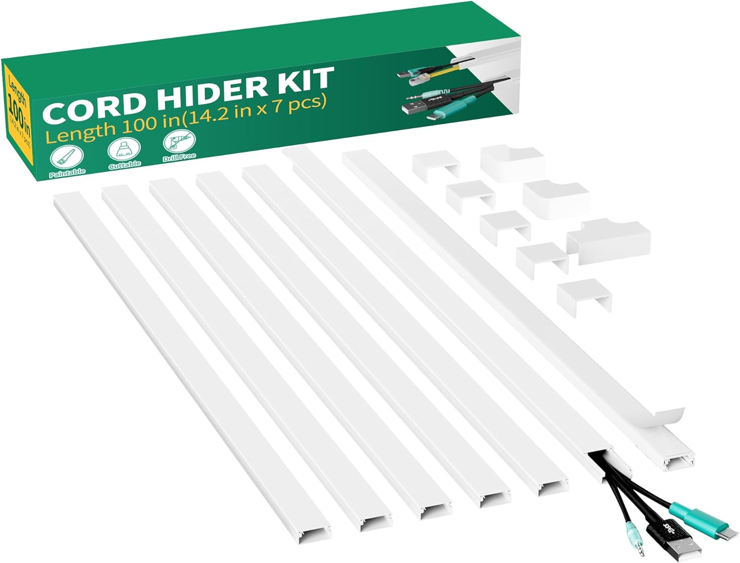 Cord Hider, 100In Self-Adhesive Cord Cover Kit for Wall Mounted TV, Paintable Wi