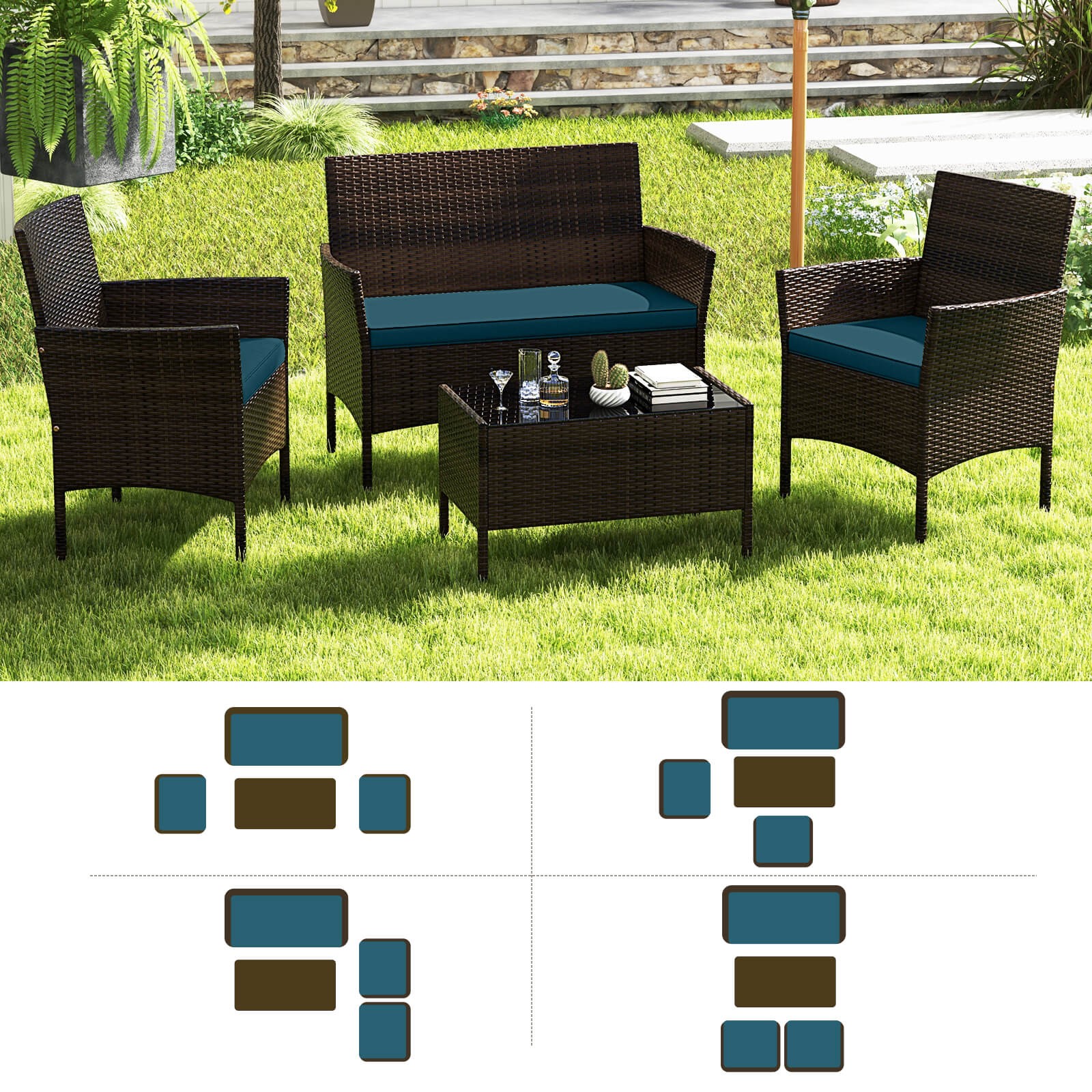 8 PCS Patio Furniture Set w/Washable Cushions and Tempered Glass Coffee Table